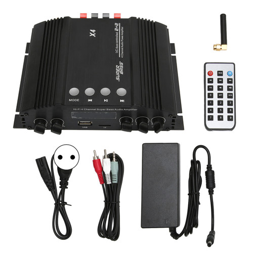 Bluetooth Amplifier 4CH HiFi Stereo Subwoofer Distortion Free Multi Input Speaker Amp with Remote Control 100‑240V EU Plug