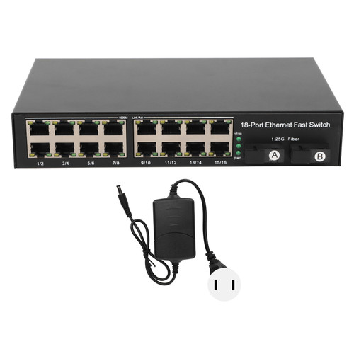 Ethernet Fiber Media Switch Tx1310nm Rx1550nm 2 Optical Ports 16 Electrical Ports Up To 25km RJ45 Port Fiber Transceiver 100‑240V US Plug