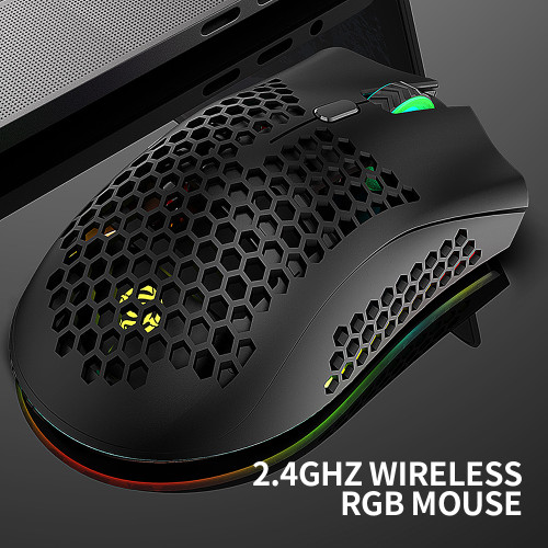 2.4G Wireless Gaming Mouse Rechargeable Mouse with RGB Light Effect 3 Adjustable movement speed Hollowed-out Honeycomb Design Black