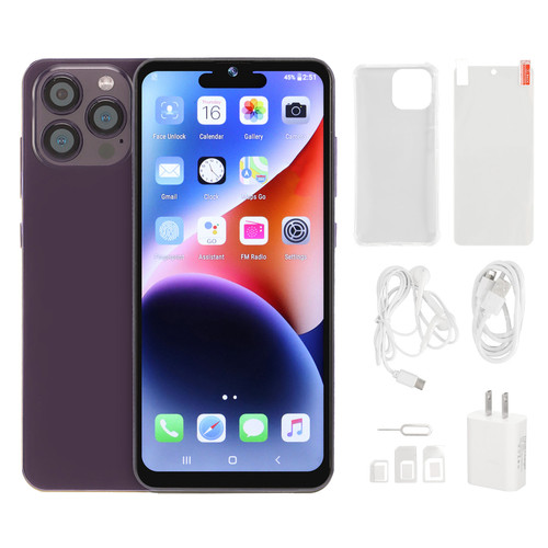 I14pro Phone 6.53 Inch 3G 4GB RAM 64GB ROM Front 8MP Rear 16MP for Android 10 Unlocked Cell Phones 100‑240V Purple US Plug Purple