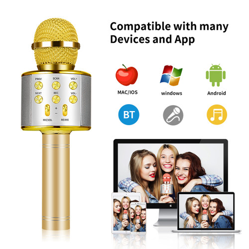 Professional BT Wireless Microphone Karaoke Speaker KTV Music Player Singing Recorder Handheld Microphone Gold