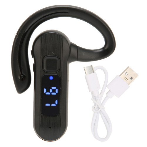 Single Ear Bone Conduction Headset Digital Display Voice Control Answering Wireless Earphone for Sports Business Black