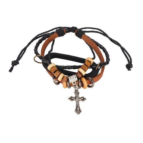 Adjustable Leather Cross Beaded Bracelet for Xiaomi Mi Band 5/6 Fashionable Carved Cross Wristband