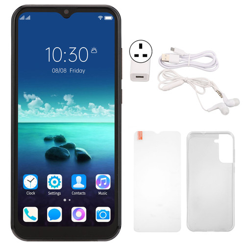 Face Unlocked Smartphone for Android 11 6.53in HD Waterdrop Screen 4GB RAM 64GB ROM Mobile Phone 100‑240V Black UK Plug