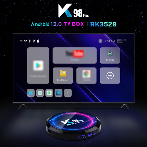K98 PLUS Android 13.0 Smart TV Box RK3528 Quad-core UHD 4K Media Player H.265 8K Decoding HDR10+ 2.4G/5G WiFi6 BT5.0 2GB+16GB with Remote Control LED Display