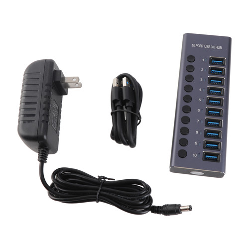 985A 10 Port USB 3.0 Hub USB Splitter Hub USB Docking Station 300MB/S High Speed Transmit with Individual Switches 12V 5A Power Adapter for Laptop PC Smartphone Tablet Keyboard Mouse