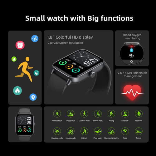 1.8inch Smart Watch IP68 SmartWatch for Men Women BT5.3 for Android iOS Phones Heart Rate Monitoring Exercise Records