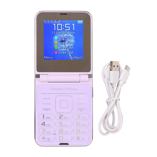 Flip 2G Phone 2.6in Senior Cellphone 2 Screen 1.3MP 4 SIM Cards Standby Big Button Big Digits Loud Sound Basic Phone for Elderly Purple