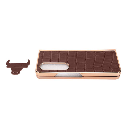 Phone Case Protective Cover for Samsung Galaxy Z Fold 4 Nano Plating Crocodilian Pattern Real Leather Scratch Proof Brown