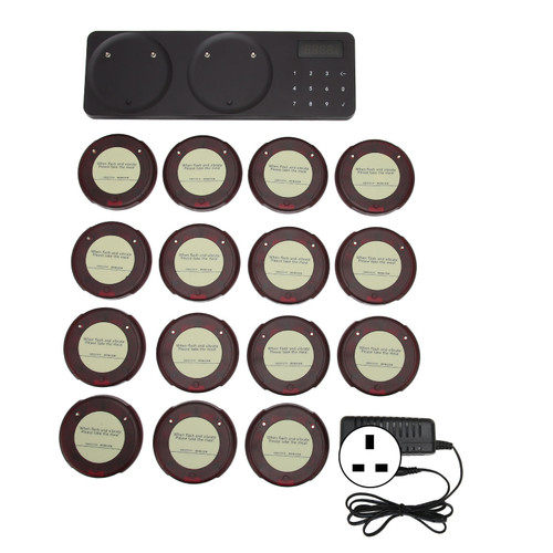 Restaurant Pager System 1 Host 15 Pagers Stackable Charging 300m Coaster Paging System with 3 Vibration Modes 100‑240V UK Plug