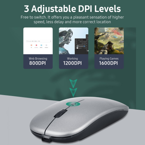 2.4G Wireless Slim Mouse Less Noise 3 Adjustable Moving speed 7-color Breathing Light Rechargeable Mouse for Laptop Computer, Black