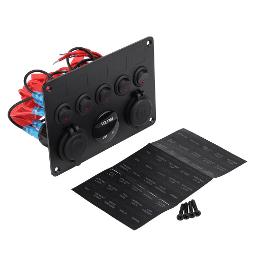 12-24V 5 Gang On/Off Toggle Switch Panel Dual USB Voltmeter for Car Boat Marine Truck Red LED