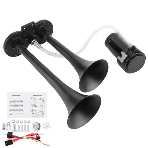 12V 135dB Air Horn Siren Dual Trumpet Aluminium Alloy Loudspaker for Car Truck RV with MotorBlack
