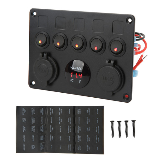 5 Gang Switch Panel Waterproof 12‑24V LED Switch Panel with Digital Voltmeter Backlit for Marine Boat RV Trailer Truck Red