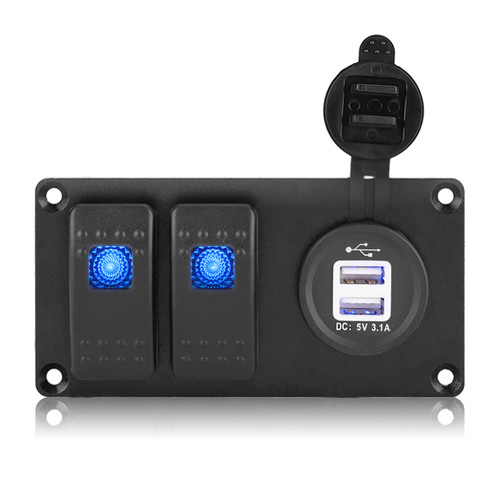 2 Gang 12-24V Blue LED Rocker Switch Panel with 3.1A Dual USB Port for Car RV Marine Boat