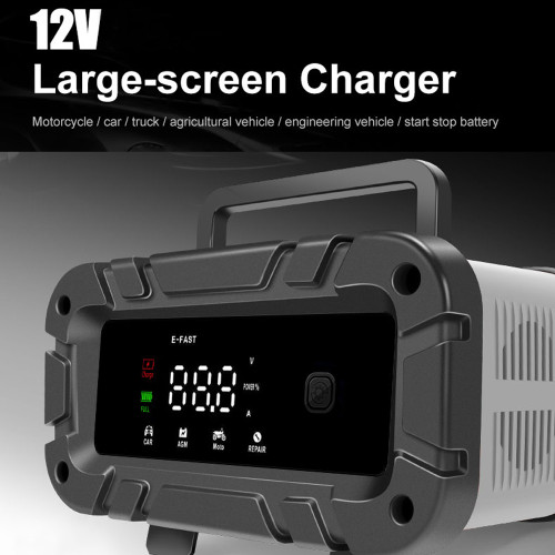 E-FAST Car Battery Chargers 12V Intelligent Pulse Repairing Charge Device Automotive Battery Trickle Maintainer with LCD Digital Display for Car Truck Motorcycle Battery Leadacid Battery Lithium Battery