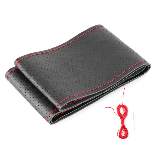 38cm/15in Car Steering Wheel Wrap Cover Full Perforated Leather Hand Stitching with Needle and ThreadBlack Red