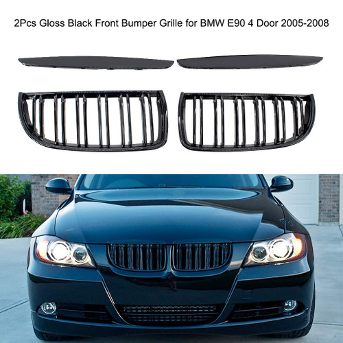 2Pcs Gloss Black Front Bumper Hood Kidney Grille Racing Grille Replacement for  E90 4 Door 2005-2008