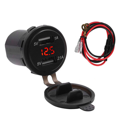 5V/1A 5V/2.1A Dual USB Ports Car Charger Voltage Display Digital Voltmeter Vehicle IP66 Waterproof Red DC12‑24V
