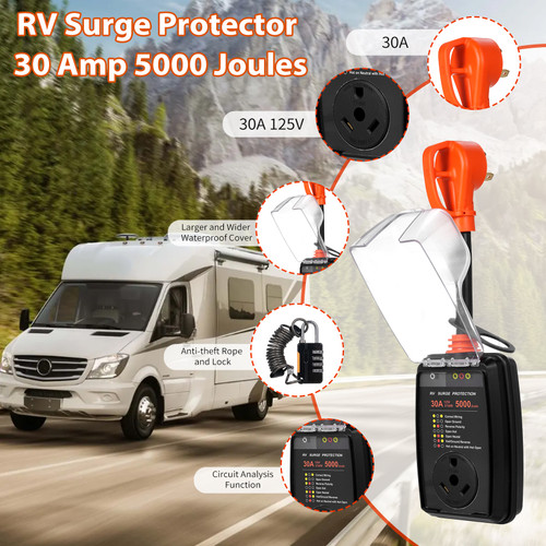 RV Surge Protector 30 Amp 5000 Joules with Waterproof Cover and Anti-Theft Cable Lock,ETL and RoHS Certified Power Voltage Protector with RV Circuit Analyzer for RV, Camper, Trailer