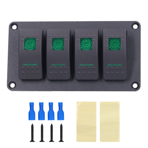 4 Gang Rocker Switch Panel LED Backlight 5‑Pin Overheat Protection for 12V/24V Vehicle Marine Yacht BoatGreen Light