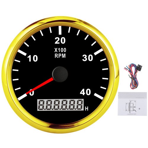 85mm Pointed Boat Tachometer LCD Digital 4000RPM with Red Backlight IP67 Waterproof 12V/24VBlack Dial Gold Cover