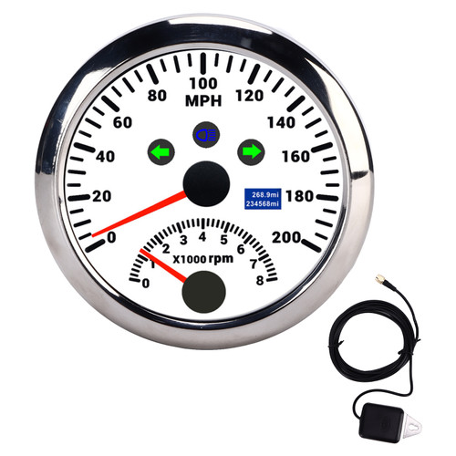 85mm 0‑200MPH GPS Speedometer 0‑8000rpm Tachometer Gauge Overspeed Alarm LCD Red Backlight for Car BoatWhite