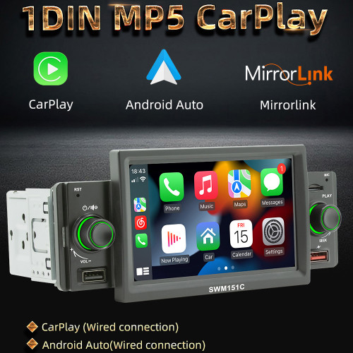 5 Inch Car Stereo MP5 Player Single Din BT FM Radio Receiver with Carplay Android Auto Support Hands-Free Calling USB Charge/Playback Phone Link Reversing Assist Steering Wheel Control