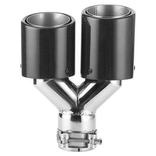 2.5in Exhaust Tip Tail Throat Glossy Carbon Fiber YShaped Dual Outlet Universal Left Side Mounting Edge Curl