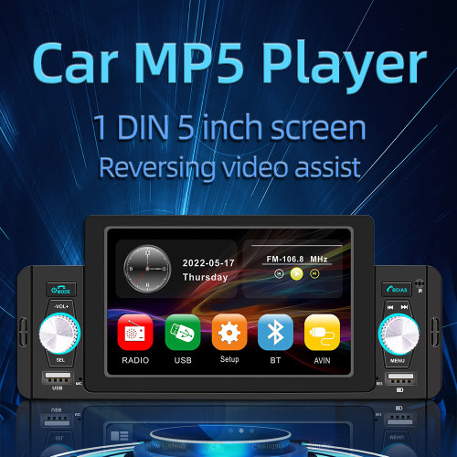 5 Inch Car Stereo MP5 Player BT FM Radio Receiver Support Hands-Free Calling USB Charge/Playback Phone Link Reversing Assist Steering Wheel Control