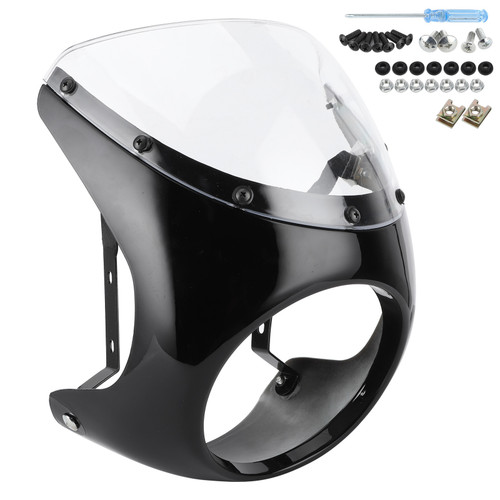 7in Headlight Fairing Wind Deflector Windshield Universal for Motorcycle(Glossy Black Transparent Lens )