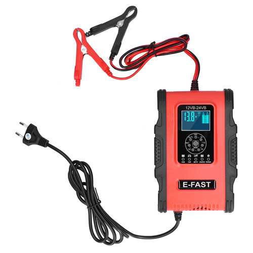 Smart Battery Charger 12V/12A 24V/6A 7‑Stage Charging Pulse Repair for Car Motorcycle Boat Red Black  100‑240V
