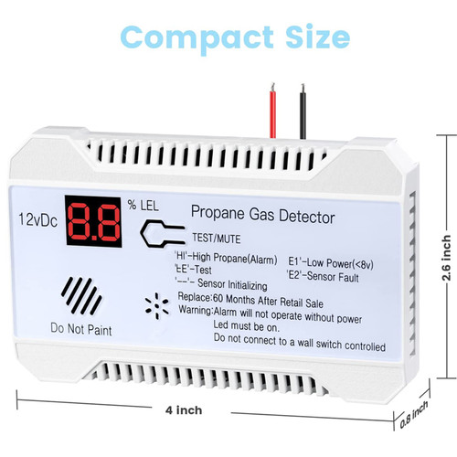 RV Propane Gas Detector 85dB Loud Alarm DC 12V, Mini Compact Design RV Propane Alarm for Trailer, , Motorhome, Motorcoach Digital Display White