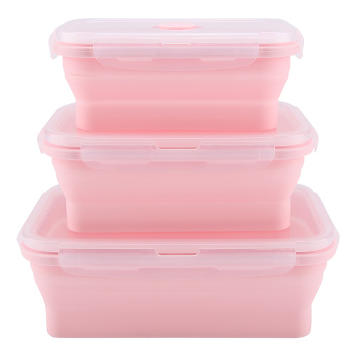 Portable Silicone Lunch Box Set Folding Microwave Safe Lunchbox Food Container Pink