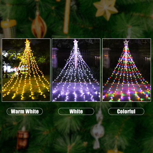 317LEDs Waterfall Lights 8 Modes Tree Light Pentagram Christmas Tree Decorative Waterfall Lights Fairy String Lights for Wedding Party Yard Garden Patio