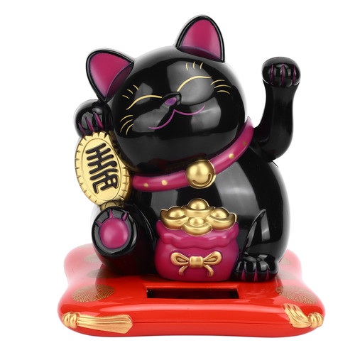 Lucky Cat Solar Powered Cute Decorative Wealth Welcoming Waving Fortune Cat for Home Office Restaurant Black