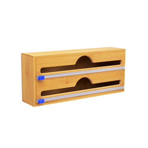 Double Grid Foil Dispenser Bamboo Wood Drawer Type Preservation Film Tin Foil Paper Cutter for Kitchen