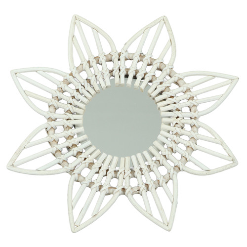 Rattan Wall Mirror White Flower Shape Rustic Vintage High Polished Glass Decorative Mirror for Entryway Bedroom Bathroom