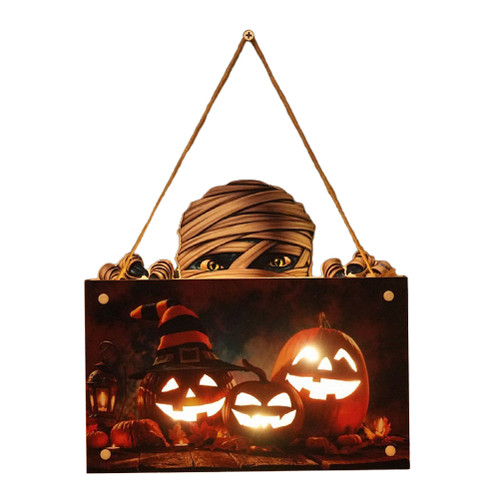 Halloween Pumpkin Pattern Light Up Wooden Sign Door Hanging Wall Sign Plaque for Indoor Outdoor Decor Home Yard Decorative Signs Party Decoration