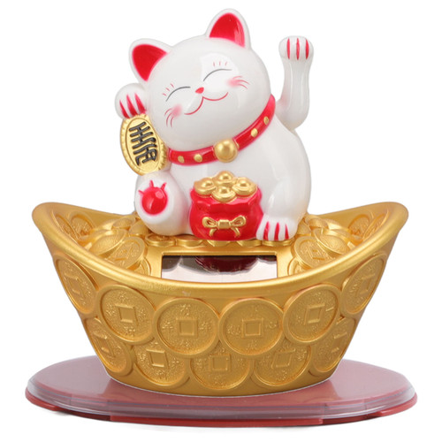Solar Energy Lucky Cat Ornament Solar Wealth Welcome Waving Hand Fortune Cat Statue for Home Car Dashboard Decor MLY23028 Blessing Bag White