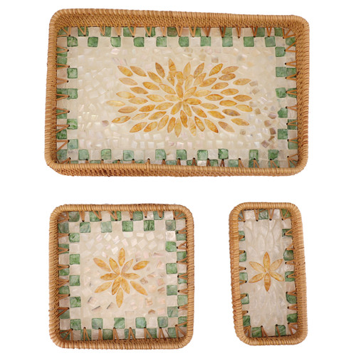 3 Pcs Rattan Fruit Tray Rectangular Fruit Tray Multi Purpose Storage Tray for Home Restaurant Green Lattice with Yellow Leaves