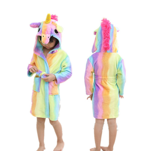Children's Bathrobe Flannel Robe Long Sleeve Parent Child Outfit Sleepwear Cute Cartoon Animal Patterns Rainbow Pegasus 43.31in
