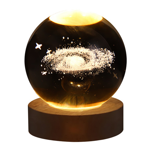 3D Crystal Ball Night Light Inner Carved Luminous Glass Ball Ornament with Wooden Base for Home Decor