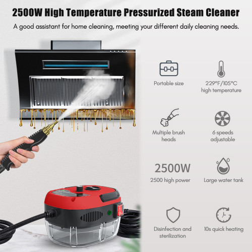 2500W Portable Handheld Steam Cleaner High Temperature Pressurized Steam Cleaning Machine with Brush Heads and Gloves for Kitchen Furniture Bathroom Car