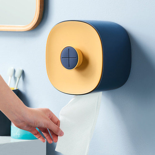 Wall Mounted Roll Paper Storage Box Multifunction Punch Free Toilet Paper Box for Home Dark Blue