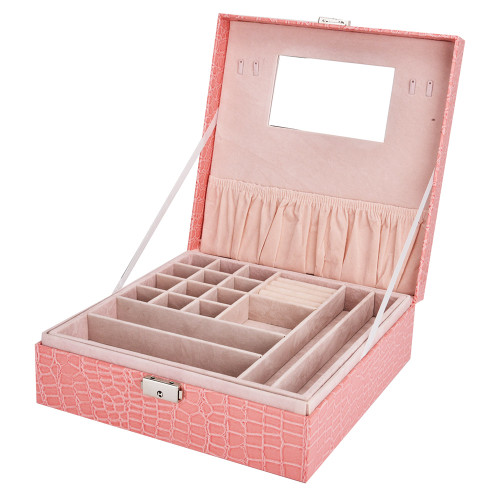 PU Leather Two-Layer Square Jewelry Box Organizer Display Storage(Pink)