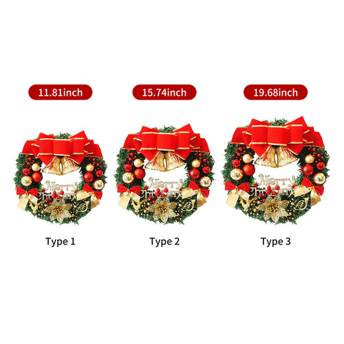 16 Inch Christmas Wreath With Bow Knot Bell Balls Merry Christmas Hanging Garland Artificial Wreath for Front Door Wall Party Decoration
