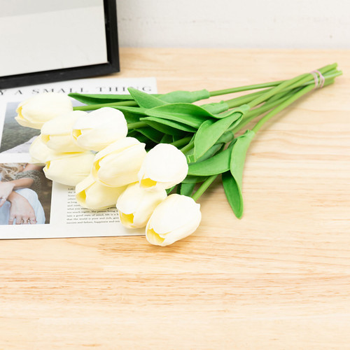 Artificial Flowers Mini PU Tulips Bouquet Faux Plants for Wedding Room Home Hotel Party Event Decor Milky White