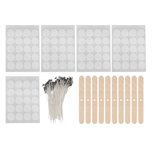DIY 100Pcs Candle Making Kit 15cm Candle Wicks100Pcs Double Sided Wicks Stickers10Pcs Wood Wicks Holders(White Bottom Sticker )