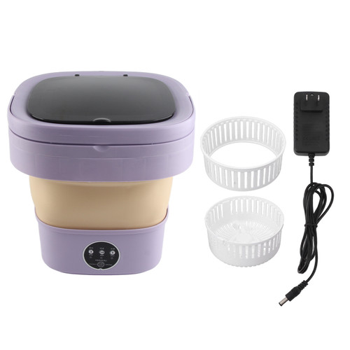6L Mini Portable Bucket Washer Foldable Automatic Mini Clothes Washer with Soft Spin Dry 100‑240V Purple Color US Plug